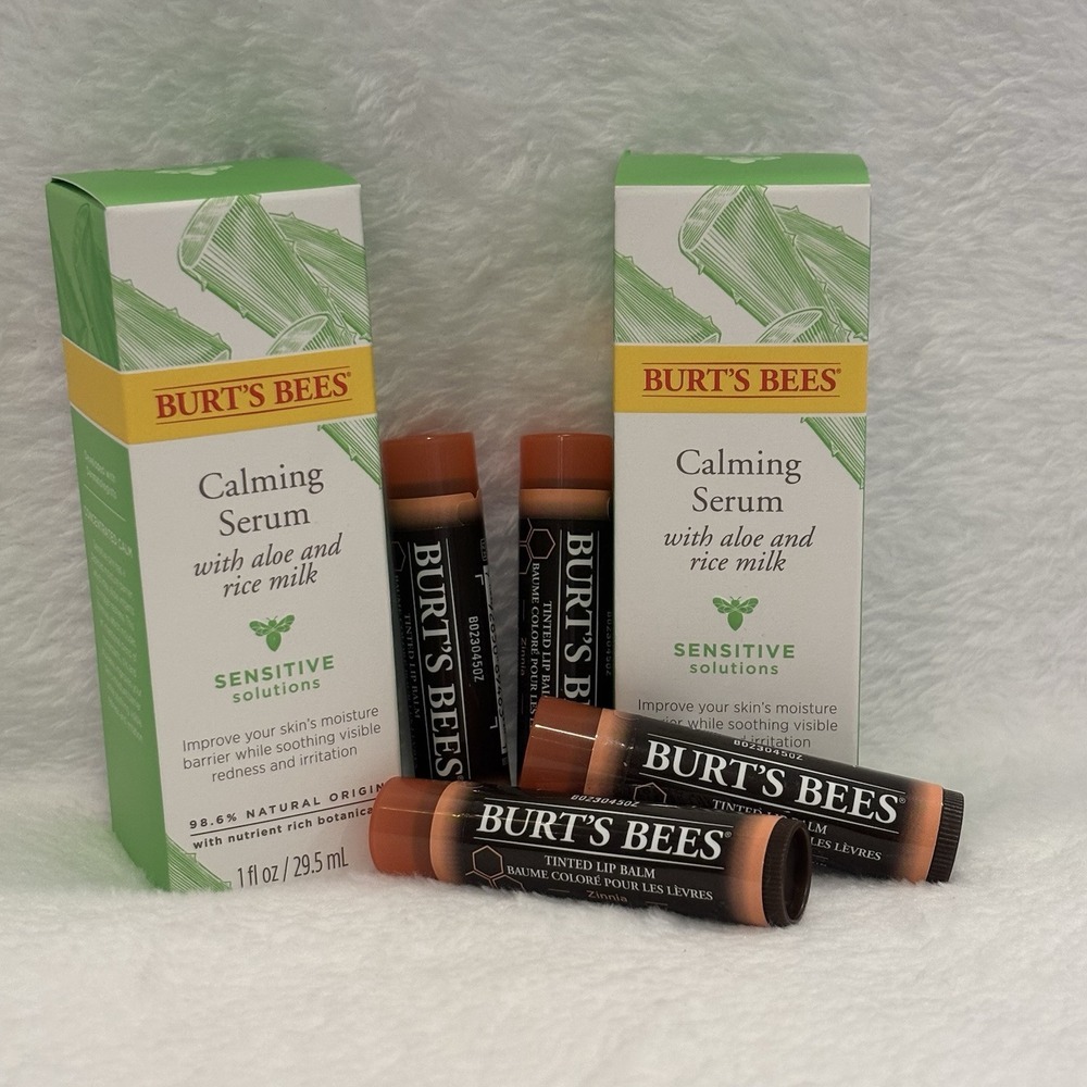 (2) Burt's Bees Calming Serum Aloe/Rice Milk Sensitive 1oz & (4) Tinted Lip Balm